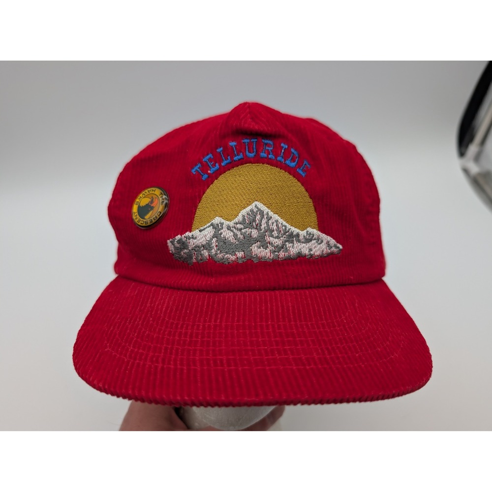 Vintage Dorfman Pacific Telluride Red Corduroy Hat Mountain Graphic Pinback Cap